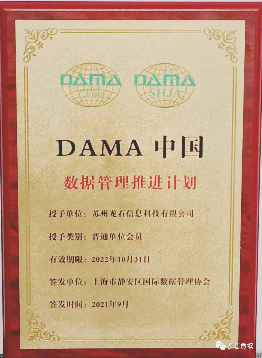 龙石数据正式成为“DAMA中国”数据管理推进计划单位会员